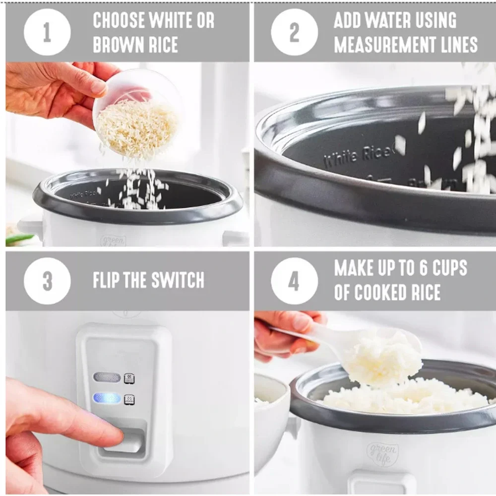 New GreenLife 1.5qt Rice Cooker in White Ceramic Nonstick Keep Warm Open Box